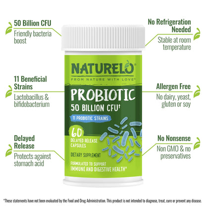 NATURELO Probiotics for Digestive Health - 50 Billion CFU, 11 Strains, Daily Use Supplement - Boosts Immune System, Delayed Release, - dailyvitalstore