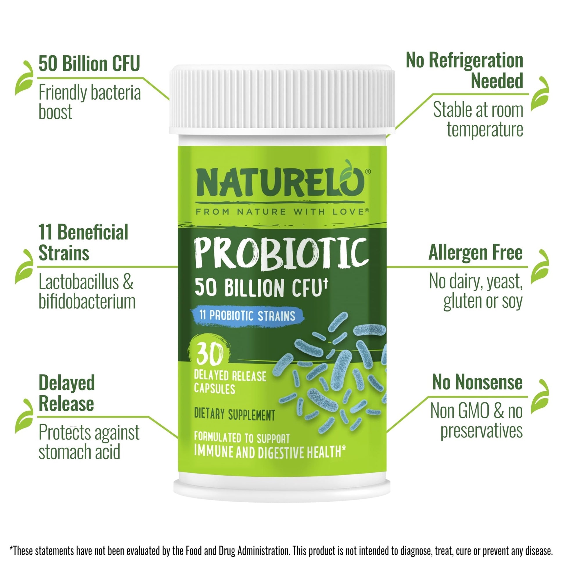 NATURELO Probiotics for Digestive Health, 50 Billion CFU, 30 Vegetarian Capsules, 11 Strains, Daily Use Supplement, Delayed Release, No-Fridge, Helps Boost Immune System, - dailyvitalstore