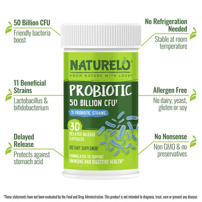 NATURELO Probiotics for Digestive Health, 50 Billion CFU, 30 Vegetarian Capsules, 11 Strains, Daily Use Supplement, Delayed Release, No-Fridge, Helps Boost Immune System, - dailyvitalstore