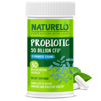 NATURELO Probiotics for Digestive Health, 50 Billion CFU, 30 Vegetarian Capsules, 11 Strains, Daily Use Supplement, Delayed Release, No-Fridge, Helps Boost Immune System, - dailyvitalstore