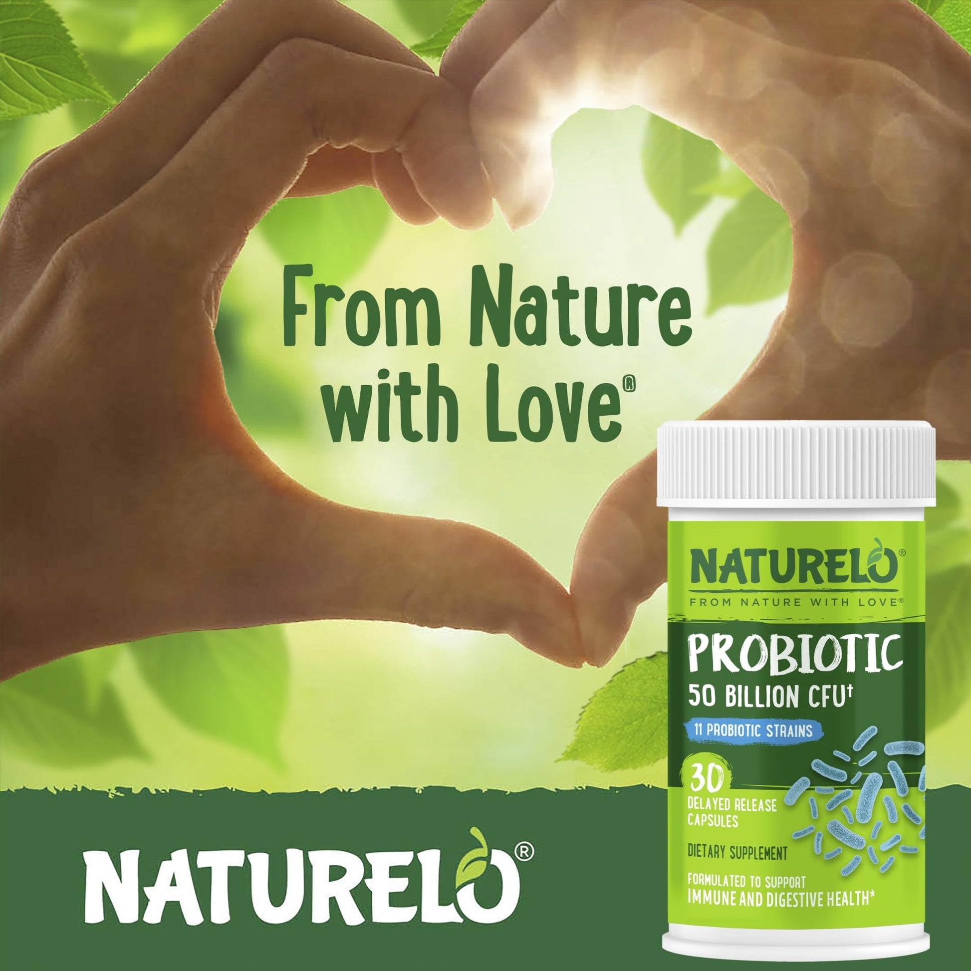 NATURELO Probiotics for Digestive Health, 50 Billion CFU, 30 Vegetarian Capsules, 11 Strains, Daily Use Supplement, Delayed Release, No-Fridge, Helps Boost Immune System, - dailyvitalstore