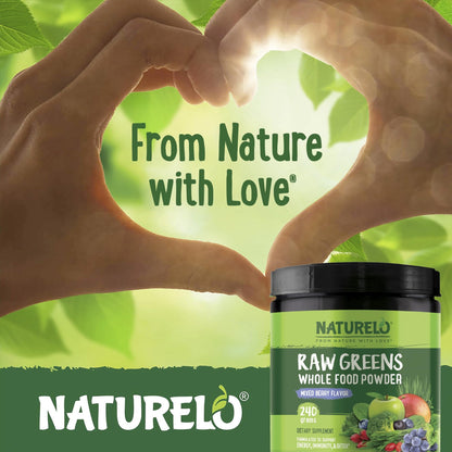 NATURELO Raw Greens Superfood Powder 240 Grams, Mixed Berry - Supports Energy, Immunity and Detox - Includes Spirulina, Wheat Grass and Organic Greens for Whole Food Nutrition - dailyvitalstore