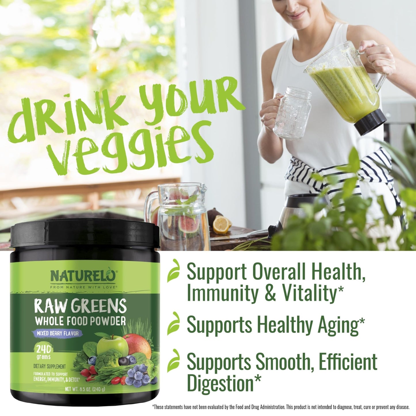 NATURELO Raw Greens Superfood Powder 240 Grams, Mixed Berry - Supports Energy, Immunity and Detox - Includes Spirulina, Wheat Grass and Organic Greens for Whole Food Nutrition - dailyvitalstore
