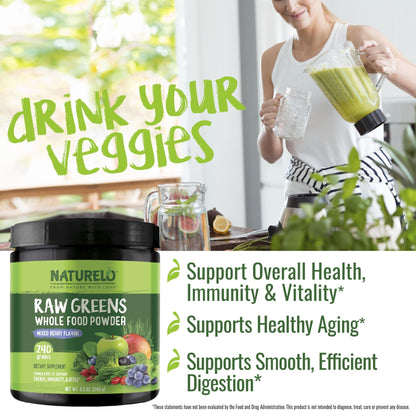 NATURELO Raw Greens Superfood Powder 240 Grams, Mixed Berry - Supports Energy, Immunity and Detox - Includes Spirulina, Wheat Grass and Organic Greens for Whole Food Nutrition - dailyvitalstore