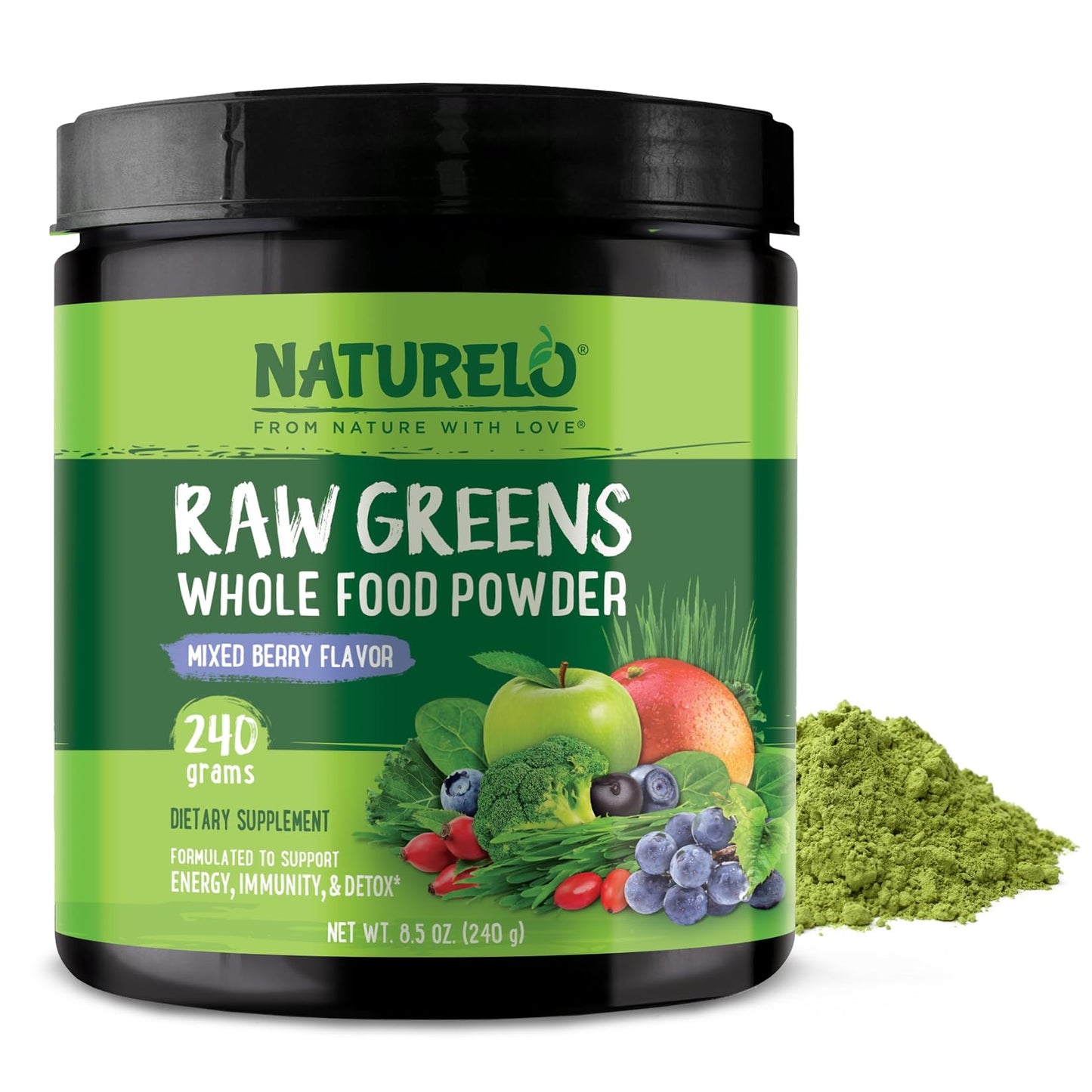 NATURELO Raw Greens Superfood Powder 240 Grams, Mixed Berry - Supports Energy, Immunity and Detox - Includes Spirulina, Wheat Grass and Organic Greens for Whole Food Nutrition - dailyvitalstore