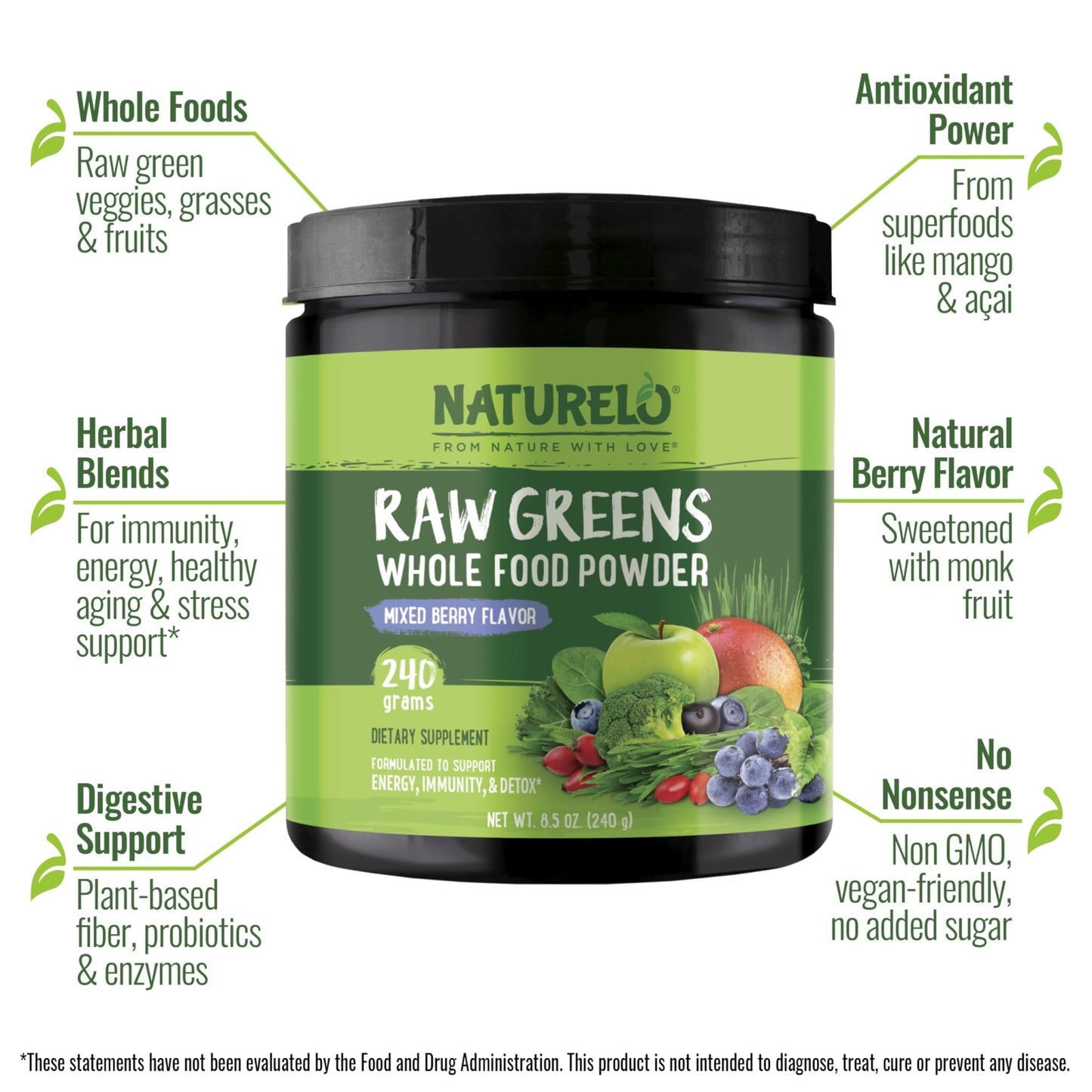 NATURELO Raw Greens Superfood Powder 240 Grams, Mixed Berry - Supports Energy, Immunity and Detox - Includes Spirulina, Wheat Grass and Organic Greens for Whole Food Nutrition - dailyvitalstore