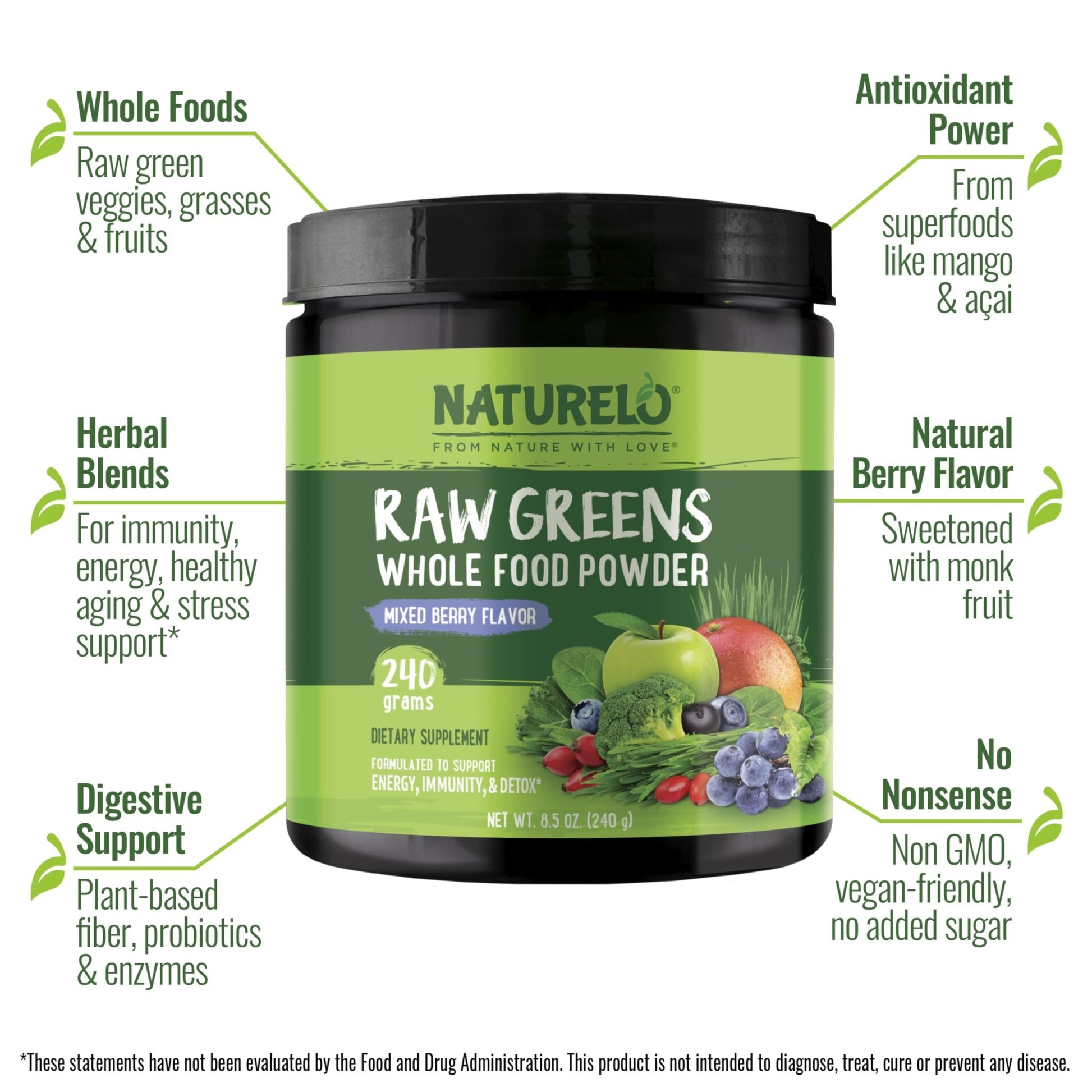 NATURELO Raw Greens Superfood Powder 240 Grams, Mixed Berry - Supports Energy, Immunity and Detox - Includes Spirulina, Wheat Grass and Organic Greens for Whole Food Nutrition - dailyvitalstore