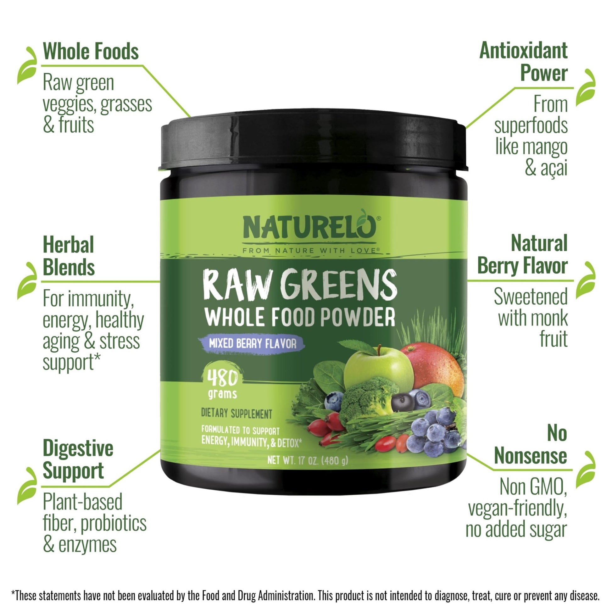 NATURELO Raw Greens Superfood Powder 480 Grams, Mixed Berry - Supports Energy, Immunity and Detox - Includes Spirulina, Wheat Grass and Organic - dailyvitalstore