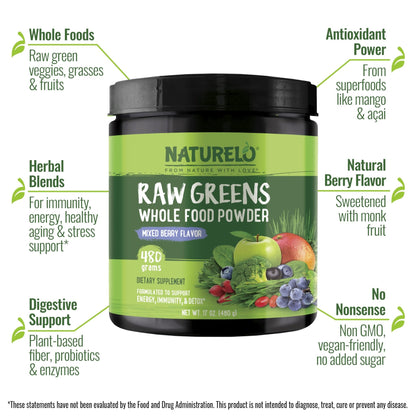 NATURELO Raw Greens Superfood Powder 480 Grams, Mixed Berry - Supports Energy, Immunity and Detox - Includes Spirulina, Wheat Grass and Organic - dailyvitalstore