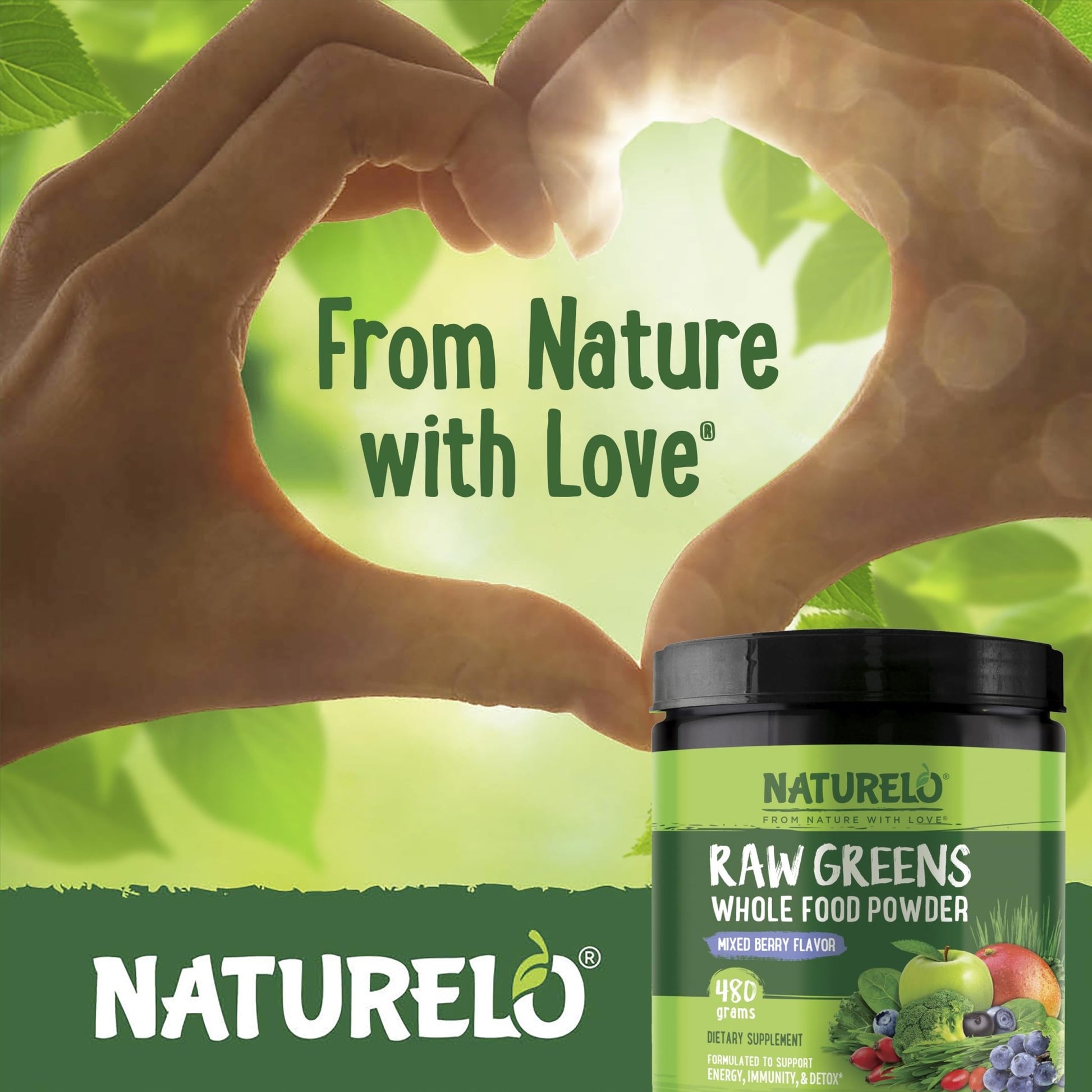 NATURELO Raw Greens Superfood Powder 480 Grams, Mixed Berry - Supports Energy, Immunity and Detox - Includes Spirulina, Wheat Grass and Organic - dailyvitalstore