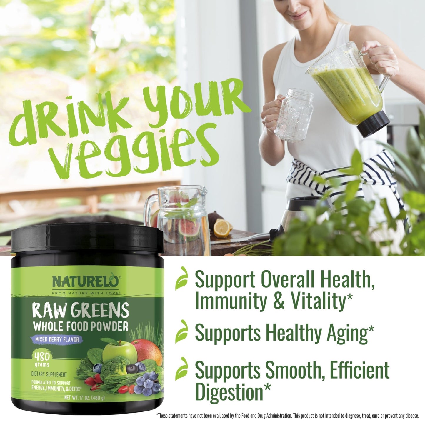 NATURELO Raw Greens Superfood Powder 480 Grams, Mixed Berry - Supports Energy, Immunity and Detox - Includes Spirulina, Wheat Grass and Organic - dailyvitalstore