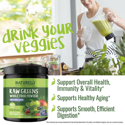 NATURELO Raw Greens Superfood Powder 480 Grams, Mixed Berry - Supports Energy, Immunity and Detox - Includes Spirulina, Wheat Grass and Organic - dailyvitalstore