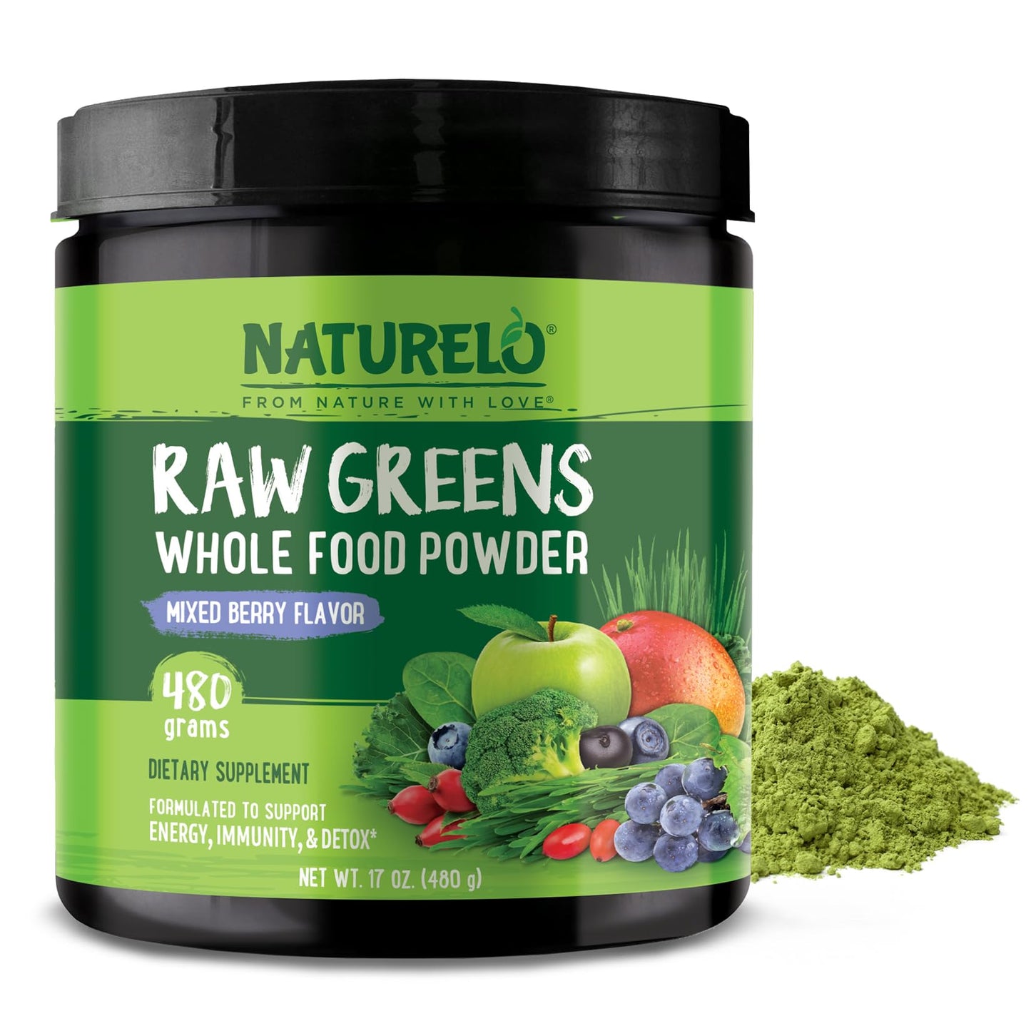 NATURELO Raw Greens Superfood Powder 480 Grams, Mixed Berry - Supports Energy, Immunity and Detox - Includes Spirulina, Wheat Grass and Organic - dailyvitalstore