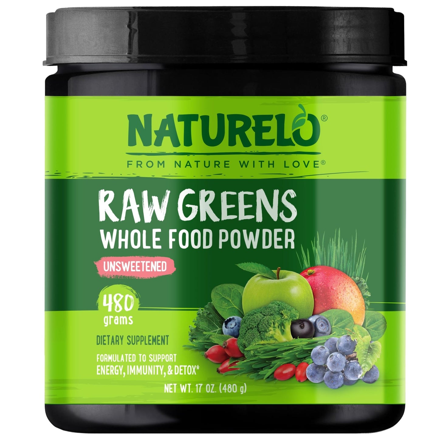 NATURELO Raw Greens Superfood Powder - Unsweetened - Boost Energy, Detox, Enhance Health - Organic Spirulina - Wheat Grass - Whole Food Nutrition from Fruits - dailyvitalstore
