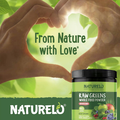 NATURELO Raw Greens Superfood Powder - Unsweetened - Boost Energy, Detox, Enhance Health - Organic Spirulina - Wheat Grass - Whole Food Nutrition from Fruits - dailyvitalstore