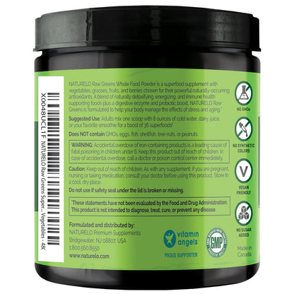 NATURELO Raw Greens Superfood Powder - Unsweetened - Boost Energy, Detox, Enhance Health - Organic Spirulina - Wheat Grass - Whole Food Nutrition from Fruits - dailyvitalstore