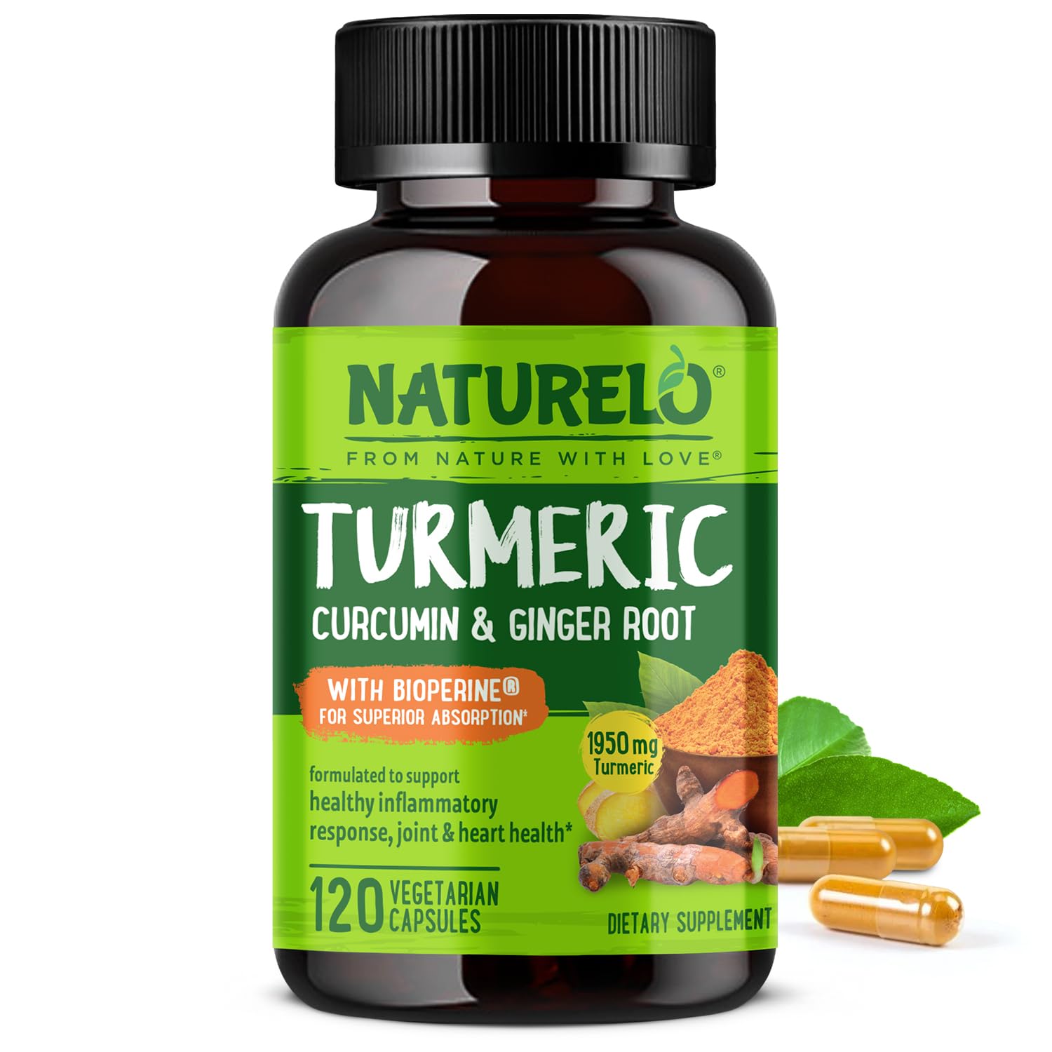 NATURELO Turmeric Curcumin - BioPerine for Better Absorption - Black Pepper, Ginger Root, Curcuminoids - Plant-Based Joint Discomfort Support - dailyvitalstore