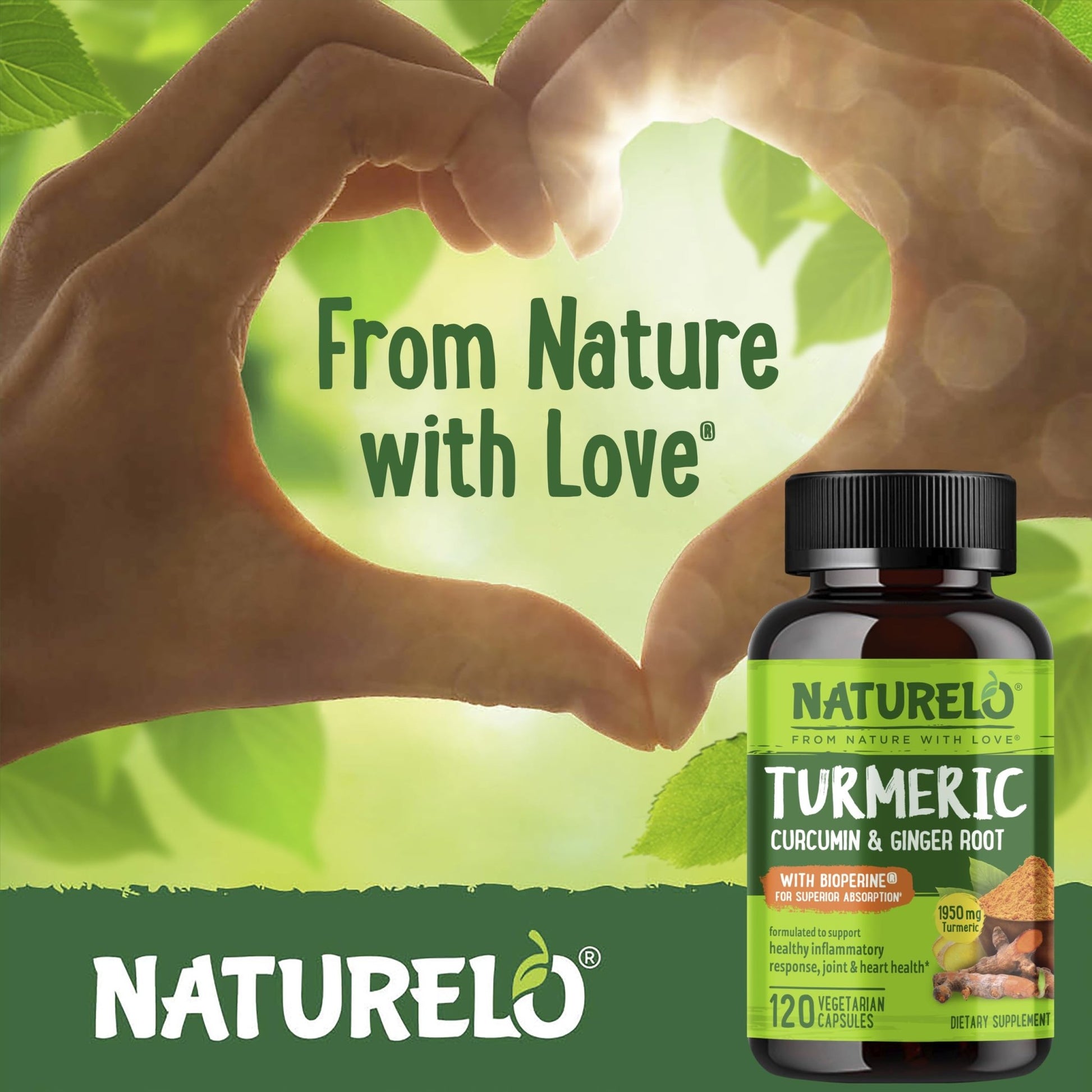 NATURELO Turmeric Curcumin - BioPerine for Better Absorption - Black Pepper, Ginger Root, Curcuminoids - Plant-Based Joint Discomfort Support - dailyvitalstore