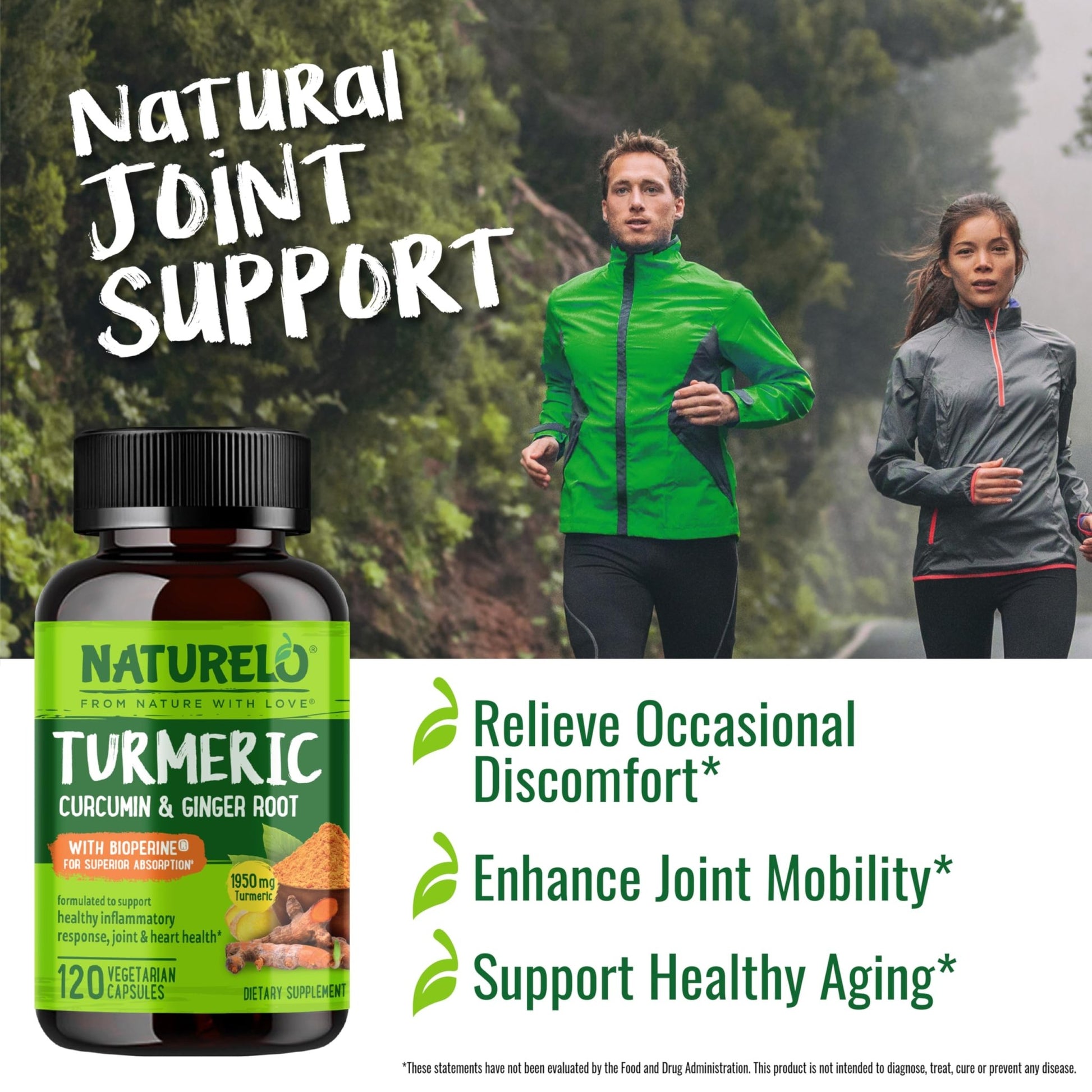 NATURELO Turmeric Curcumin - BioPerine for Better Absorption - Black Pepper, Ginger Root, Curcuminoids - Plant-Based Joint Discomfort Support - dailyvitalstore