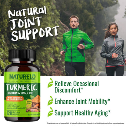 NATURELO Turmeric Curcumin - BioPerine for Better Absorption - Black Pepper, Ginger Root, Curcuminoids - Plant-Based Joint Discomfort Support - dailyvitalstore