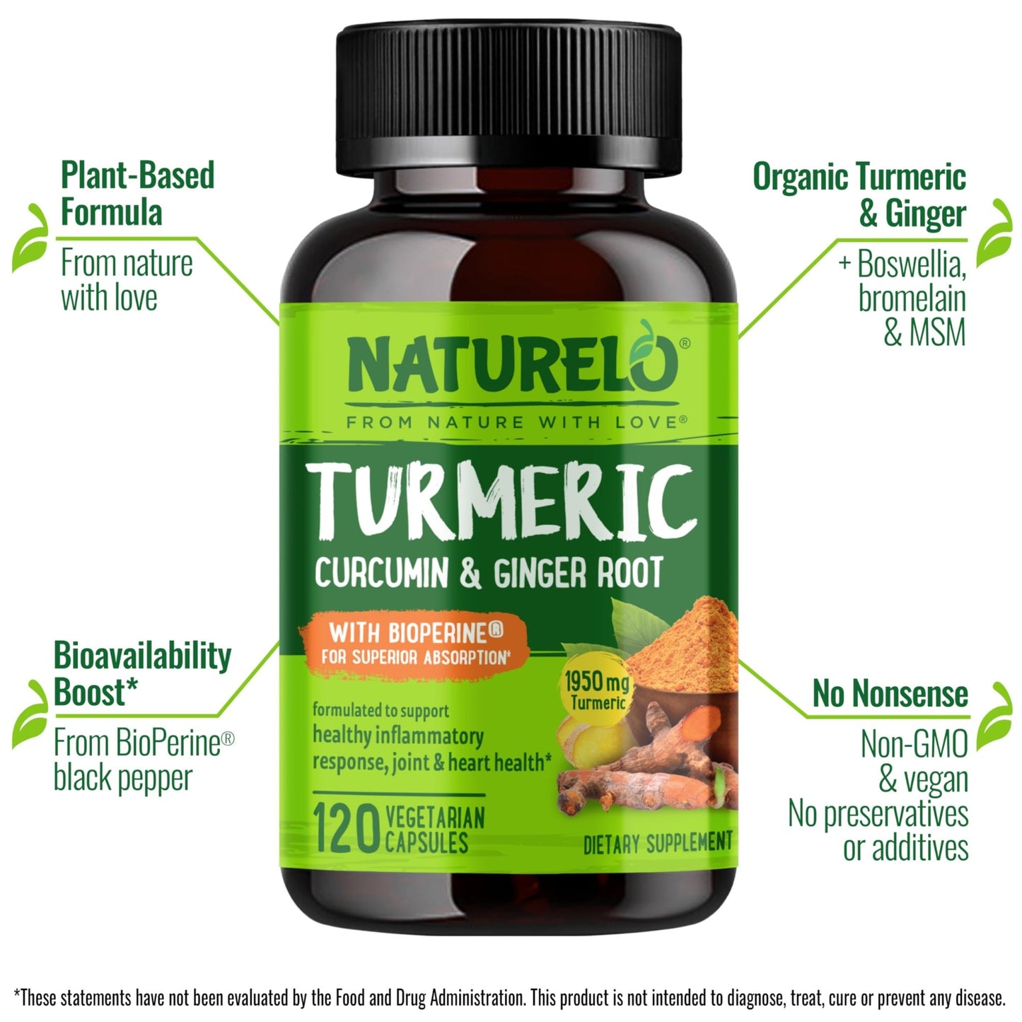NATURELO Turmeric Curcumin - BioPerine for Better Absorption - Black Pepper, Ginger Root, Curcuminoids - Plant-Based Joint Discomfort Support - dailyvitalstore