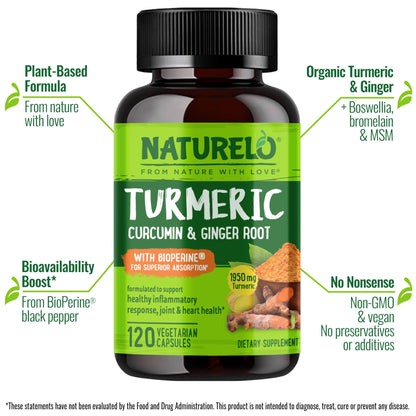 NATURELO Turmeric Curcumin - BioPerine for Better Absorption - Black Pepper, Ginger Root, Curcuminoids - Plant-Based Joint Discomfort Support - dailyvitalstore