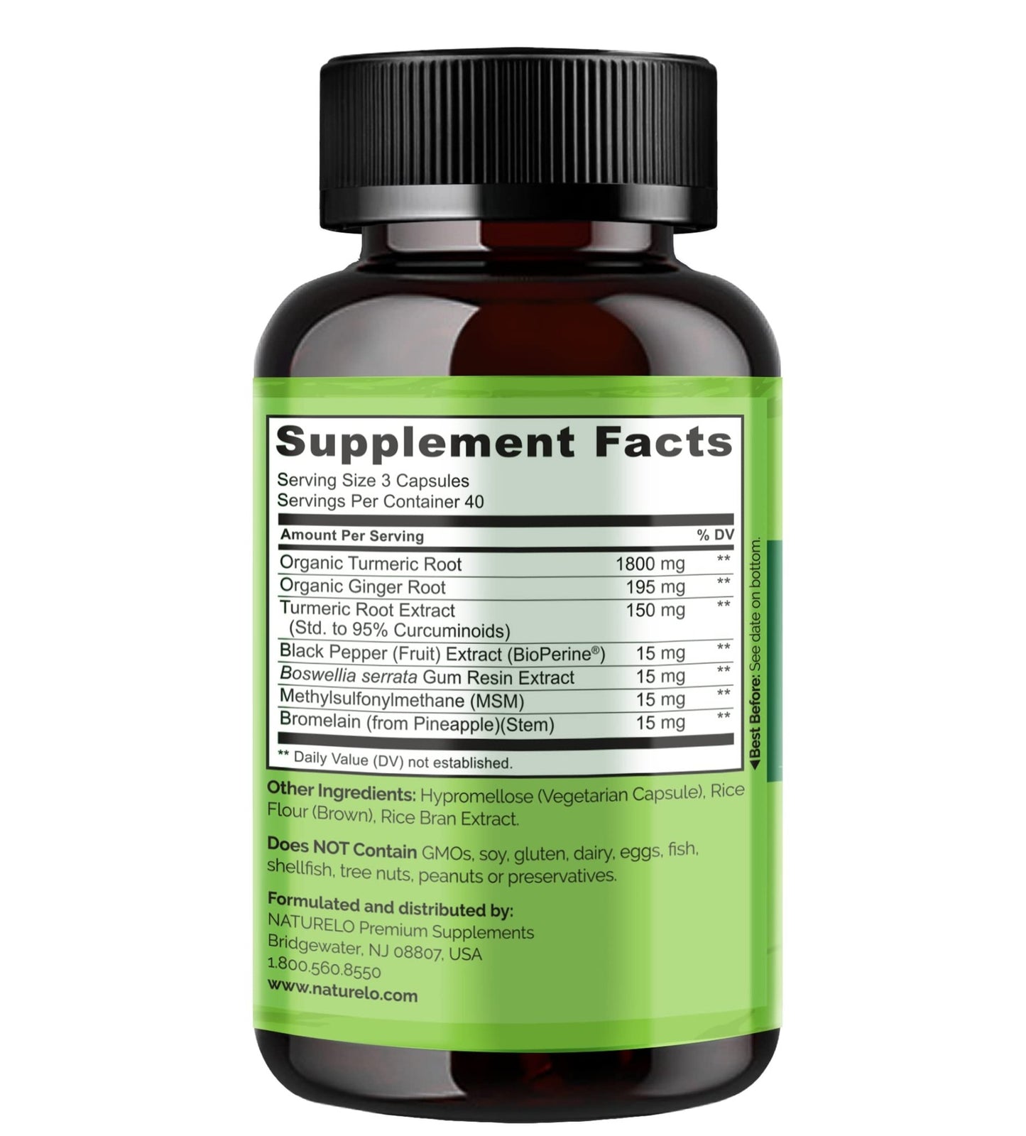 NATURELO Turmeric Curcumin - BioPerine for Better Absorption - Black Pepper, Ginger Root, Curcuminoids - Plant-Based Joint Discomfort Support - dailyvitalstore