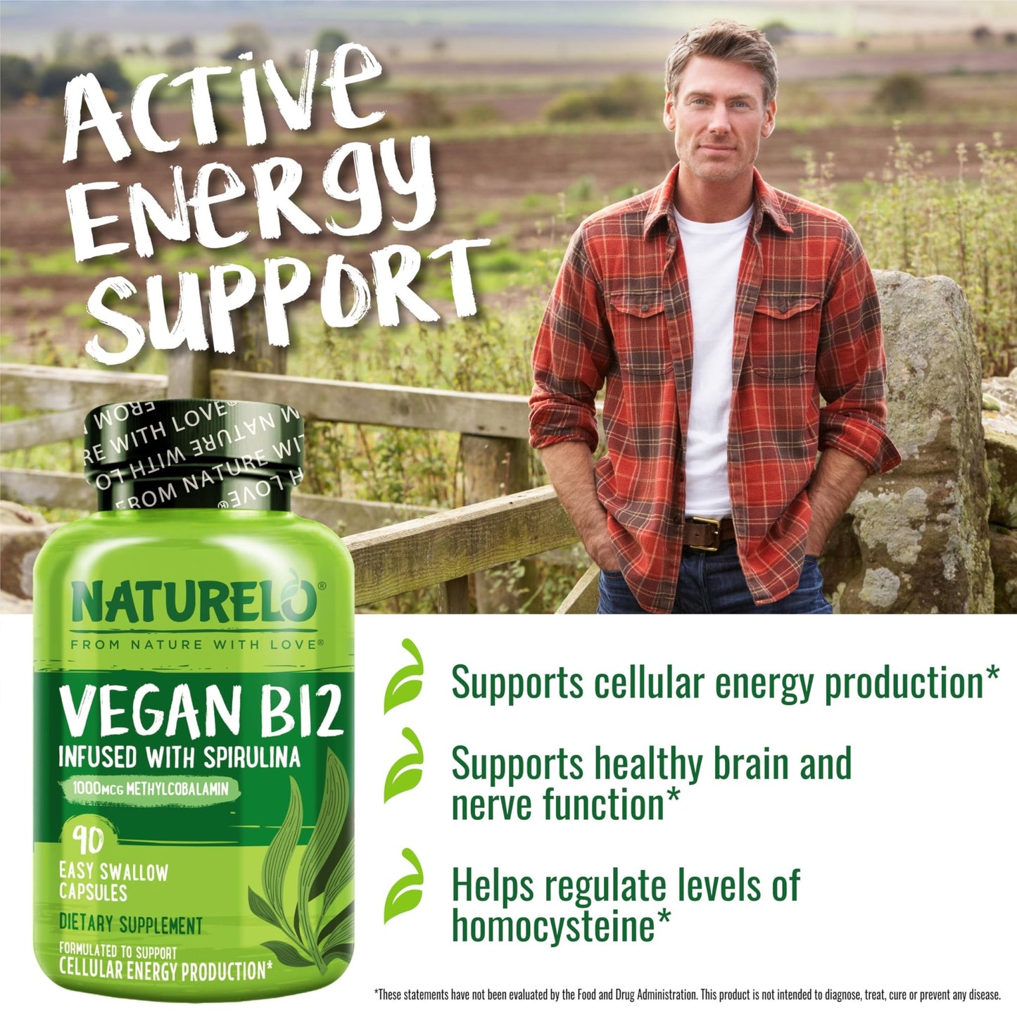 NATURELO Vegan B12 - Methyl B12 with Organic Spirulina - High Potency Vitamin B12 1000 mcg Methylcobalamin - Supports Healthy Mood - dailyvitalstore