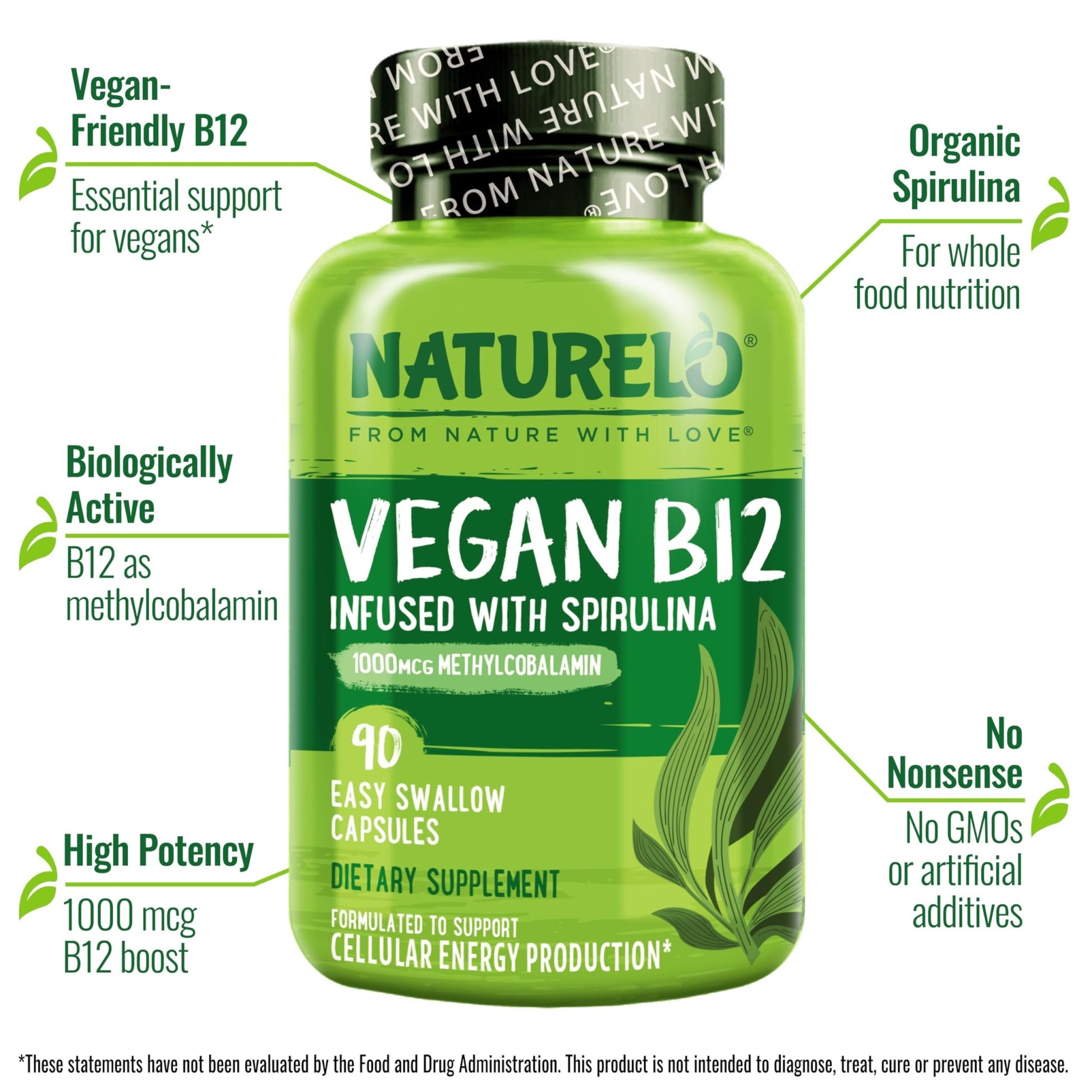 NATURELO Vegan B12 - Methyl B12 with Organic Spirulina - High Potency Vitamin B12 1000 mcg Methylcobalamin - Supports Healthy Mood - dailyvitalstore