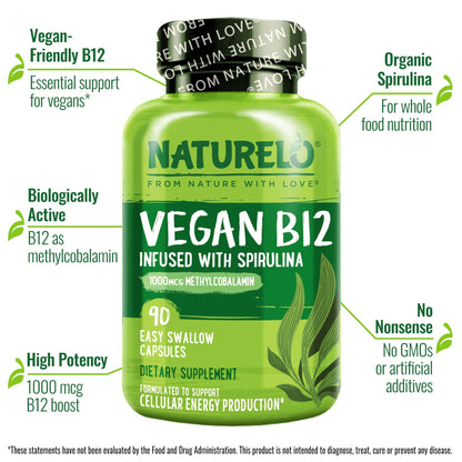 NATURELO Vegan B12 - Methyl B12 with Organic Spirulina - High Potency Vitamin B12 1000 mcg Methylcobalamin - Supports Healthy Mood - dailyvitalstore