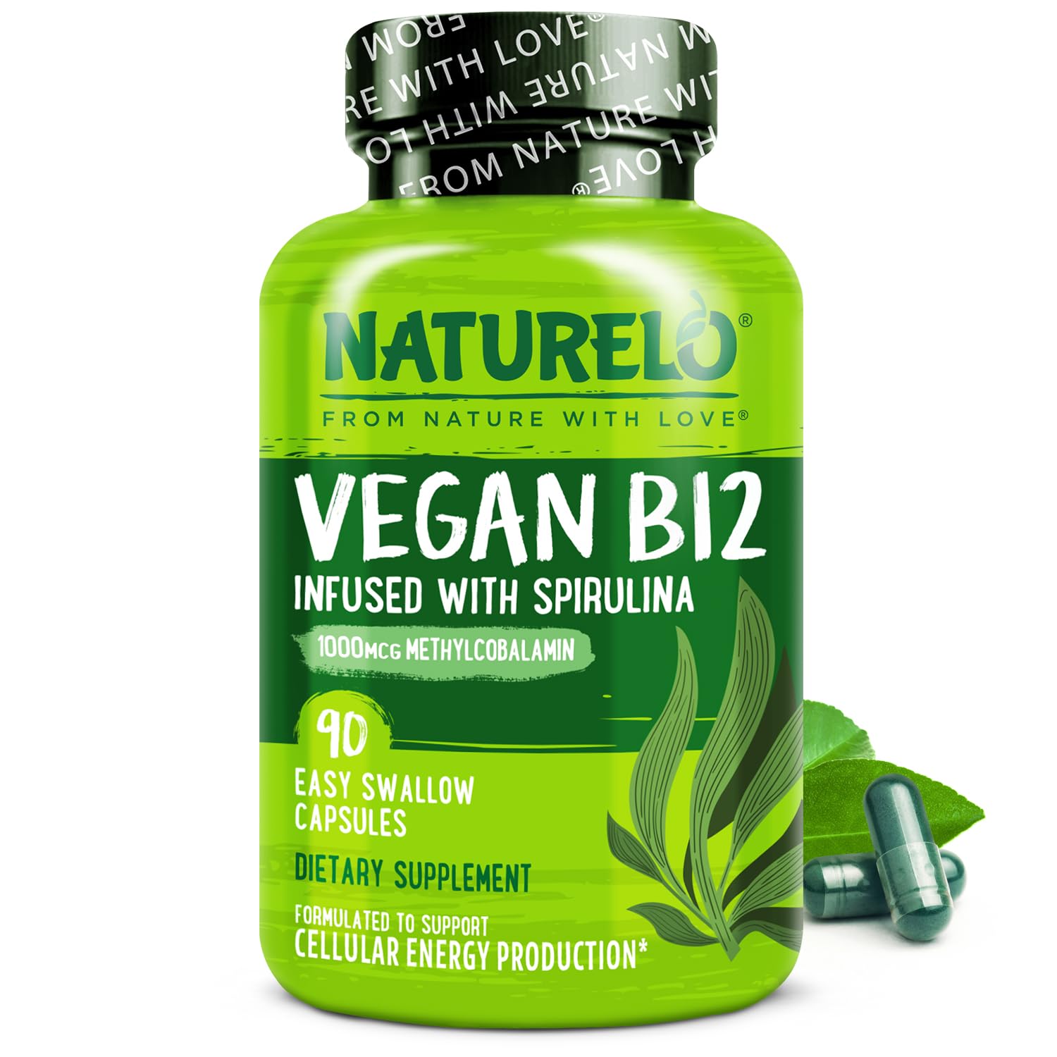 NATURELO Vegan B12 - Methyl B12 with Organic Spirulina - High Potency Vitamin B12 1000 mcg Methylcobalamin - Supports Healthy Mood - dailyvitalstore