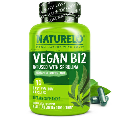 NATURELO Vegan B12 - Methyl B12 with Organic Spirulina - High Potency Vitamin B12 1000 mcg Methylcobalamin - Supports Healthy Mood - dailyvitalstore