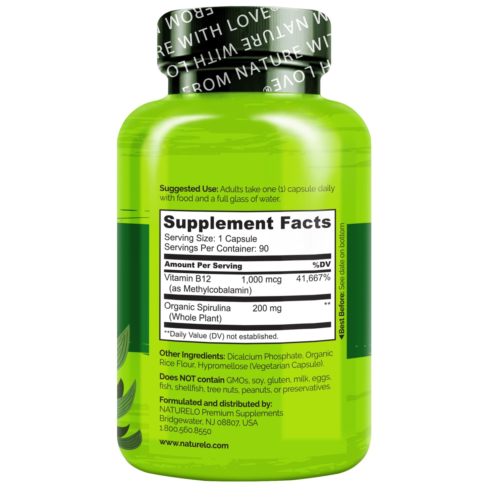 NATURELO Vegan B12 - Methyl B12 with Organic Spirulina - High Potency Vitamin B12 1000 mcg Methylcobalamin - Supports Healthy Mood - dailyvitalstore
