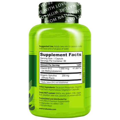 NATURELO Vegan B12 - Methyl B12 with Organic Spirulina - High Potency Vitamin B12 1000 mcg Methylcobalamin - Supports Healthy Mood - dailyvitalstore