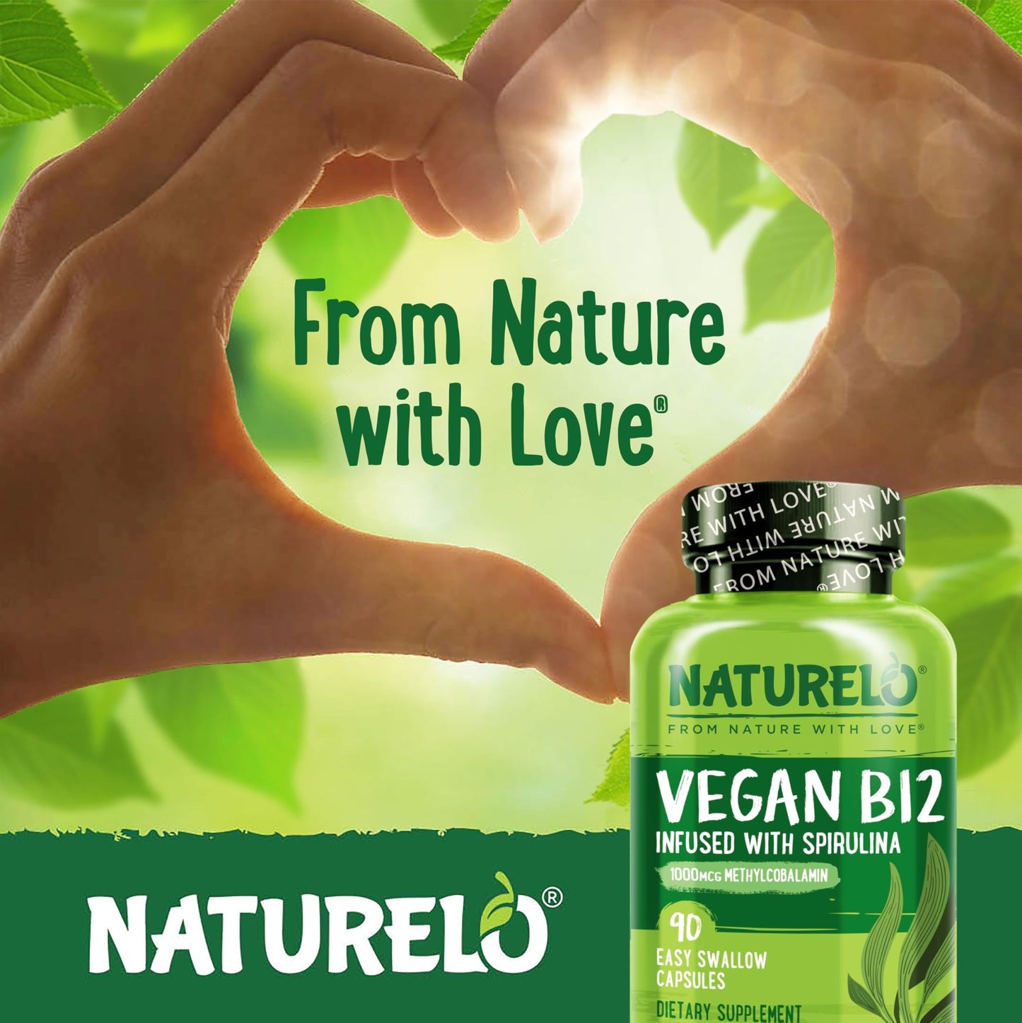 NATURELO Vegan B12 - Methyl B12 with Organic Spirulina - High Potency Vitamin B12 1000 mcg Methylcobalamin - Supports Healthy Mood - dailyvitalstore