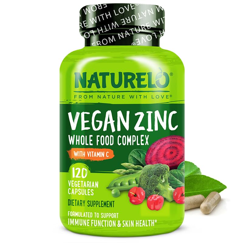 NATURELO Vegan Zinc Immune Support Capsules - Whole Food Complex with Vitamin C for Healthy Skin, Hair, and Nails - 120 Capsules - dailyvitalstore