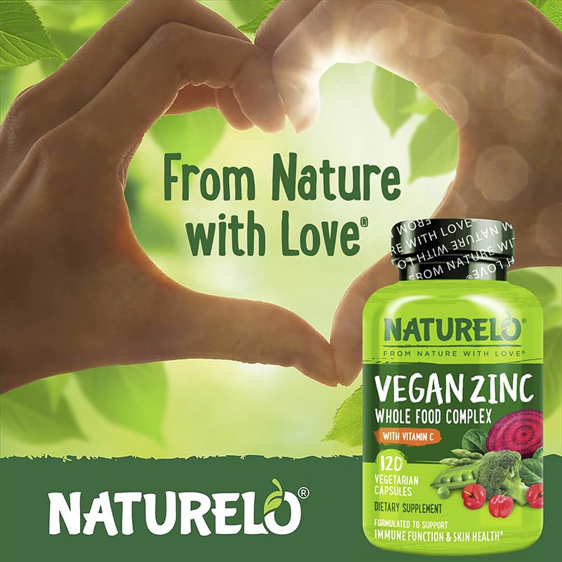 NATURELO Vegan Zinc Immune Support Capsules - Whole Food Complex with Vitamin C for Healthy Skin, Hair, and Nails - 120 Capsules - dailyvitalstore