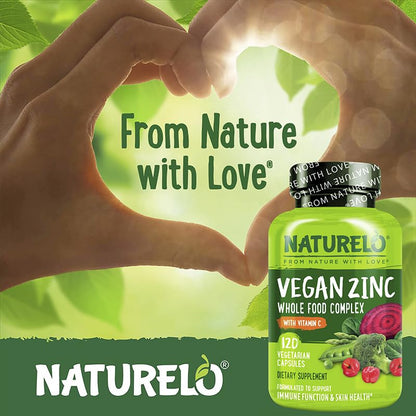 NATURELO Vegan Zinc Immune Support Capsules - Whole Food Complex with Vitamin C for Healthy Skin, Hair, and Nails - 120 Capsules - dailyvitalstore