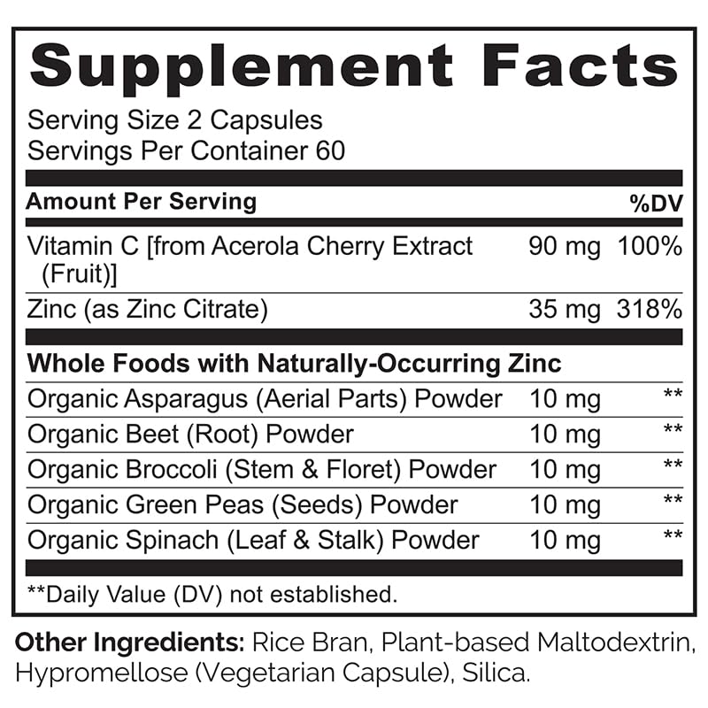 NATURELO Vegan Zinc Immune Support Capsules - Whole Food Complex with Vitamin C for Healthy Skin, Hair, and Nails - 120 Capsules - dailyvitalstore