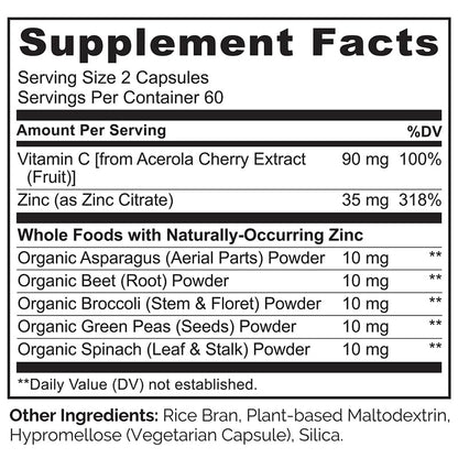 NATURELO Vegan Zinc Immune Support Capsules - Whole Food Complex with Vitamin C for Healthy Skin, Hair, and Nails - 120 Capsules - dailyvitalstore