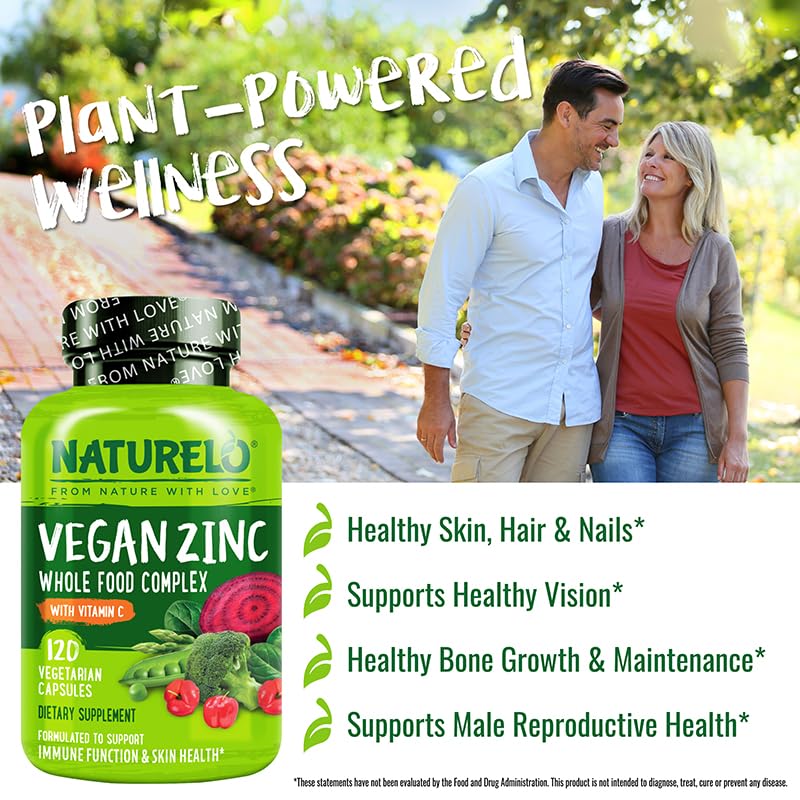 NATURELO Vegan Zinc Immune Support Capsules - Whole Food Complex with Vitamin C for Healthy Skin, Hair, and Nails - 120 Capsules - dailyvitalstore