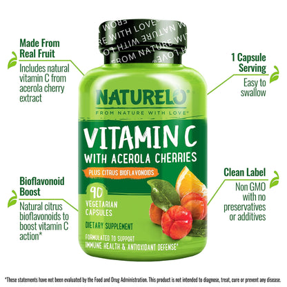 NATURELO Vitamin C with Organic Acerola Cherry Extract and Citrus Bioflavonoids - Vegan Supplement - Immune Support - 500 mg VIT C per Cap - dailyvitalstore