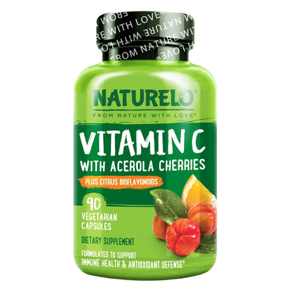 NATURELO Vitamin C with Organic Acerola Cherry Extract and Citrus Bioflavonoids - Vegan Supplement - Immune Support - 500 mg VIT C per Cap - dailyvitalstore