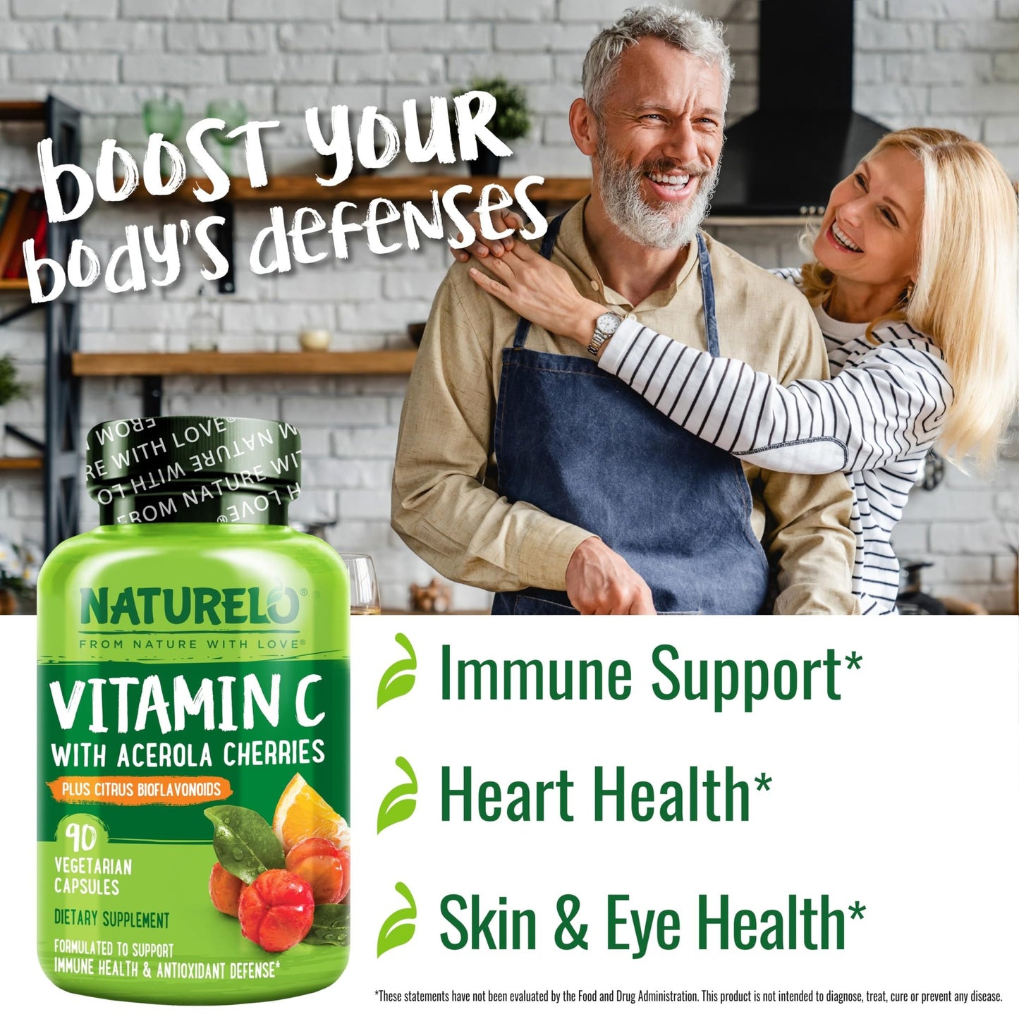 NATURELO Vitamin C with Organic Acerola Cherry Extract and Citrus Bioflavonoids - Vegan Supplement - Immune Support - 500 mg VIT C per Cap - dailyvitalstore