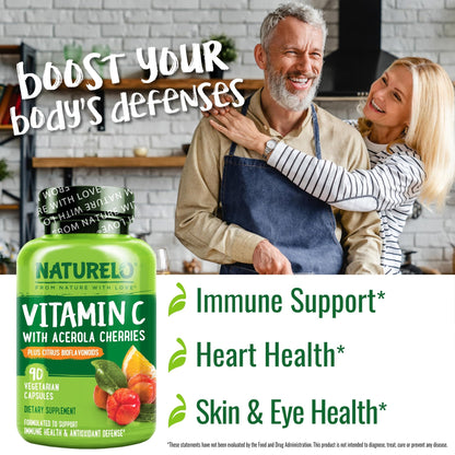 NATURELO Vitamin C with Organic Acerola Cherry Extract and Citrus Bioflavonoids - Vegan Supplement - Immune Support - 500 mg VIT C per Cap - dailyvitalstore