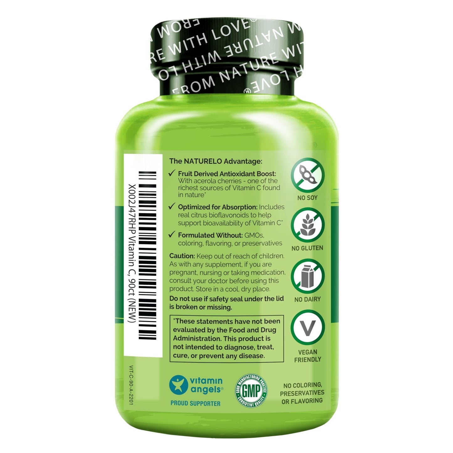 NATURELO Vitamin C with Organic Acerola Cherry Extract and Citrus Bioflavonoids - Vegan Supplement - Immune Support - 500 mg VIT C per Cap - dailyvitalstore