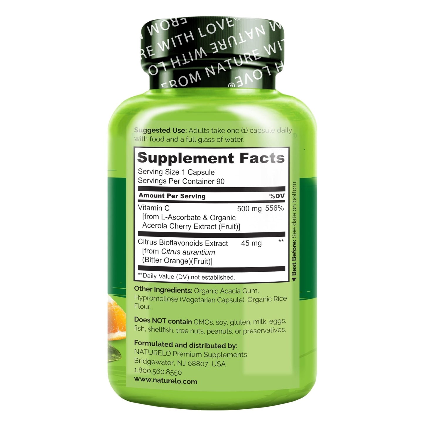 NATURELO Vitamin C with Organic Acerola Cherry Extract and Citrus Bioflavonoids - Vegan Supplement - Immune Support - 500 mg VIT C per Cap - dailyvitalstore