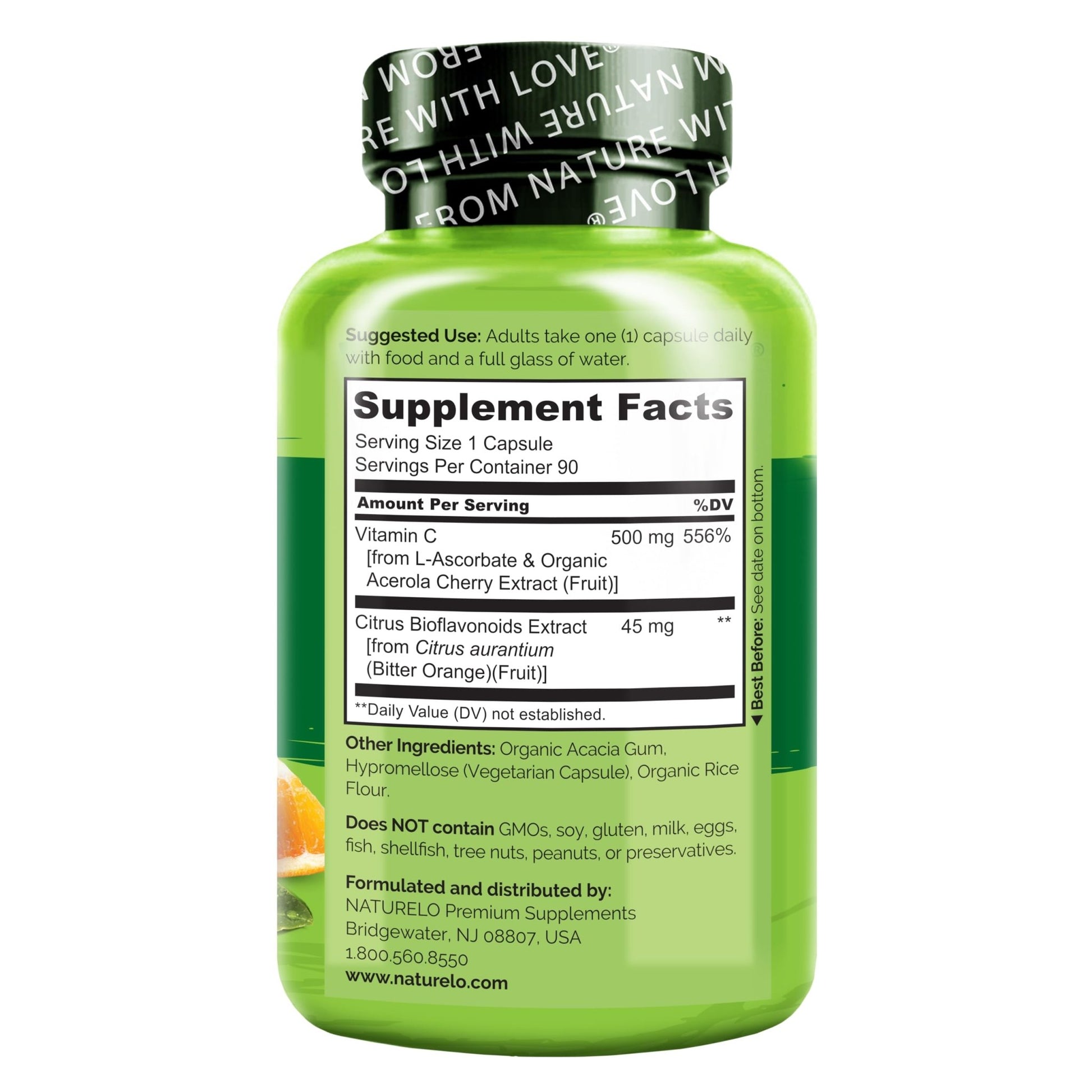 NATURELO Vitamin C with Organic Acerola Cherry Extract and Citrus Bioflavonoids - Vegan Supplement - Immune Support - 500 mg VIT C per Cap - dailyvitalstore