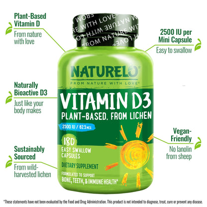 NATURELO Vitamin D - 2500 IU - Plant Based from Lichen - Natural D3 Supplement for Immune System, Bone Support, Joint Health - Vegan - dailyvitalstore
