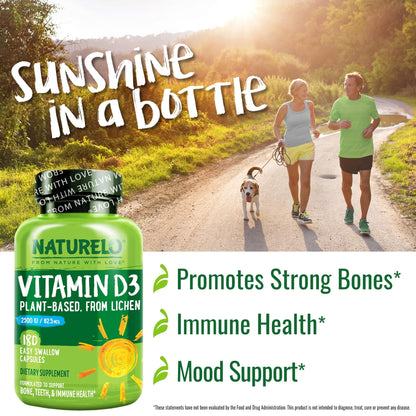 NATURELO Vitamin D - 2500 IU - Plant Based from Lichen - Natural D3 Supplement for Immune System, Bone Support, Joint Health - Vegan - dailyvitalstore